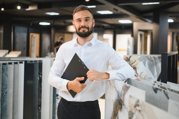 A male showroom attendant holds a folder in a modern store outlet