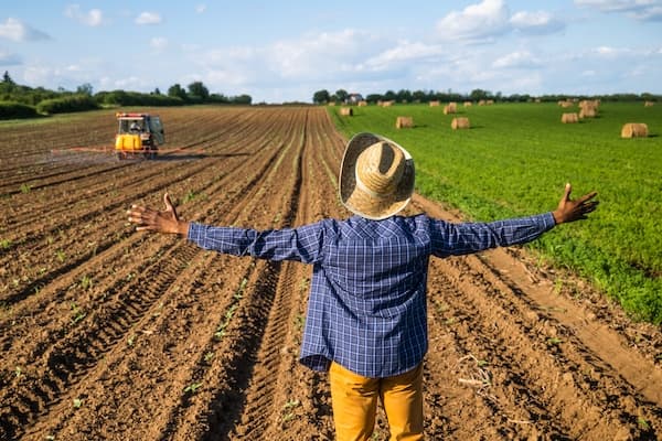 A man with open arms standing in a farm's field